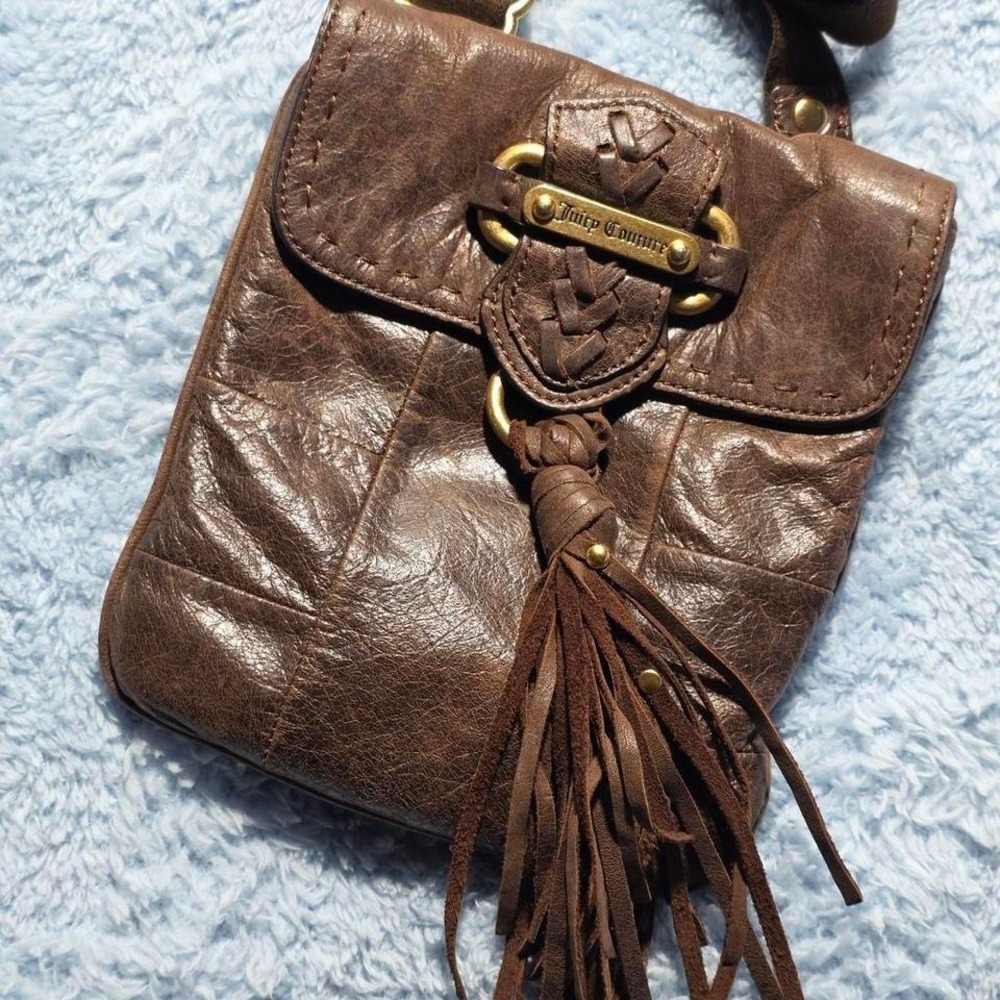 Y2K Juicy Couture Brown Leather Shoulder Bag Tassel Braided Accent Magnetic - Picture 2 of 8